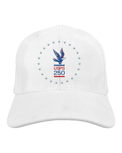 A white cap with a print of an eagle in flight and the words "USPS 250" in a circle of stars.