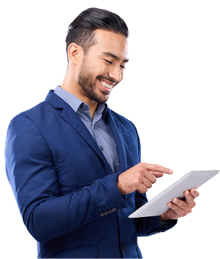 A person on a tablet with blurbs highlighting the advantages of USPS Ground Advantage around them. Savings Potential. No Fuel, Delivery or Residential Surchages. Secure Your Budget. Business Rate Card. Negotiated Service Agreement. Savings Alert.