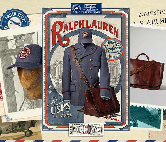 A collage of photographs and illustrations including Polo Ralph Lauren collaboration logos, a blue cap with burgundy patch, blue double-breasted coat with brown leather messenger bag, and air mail planes.